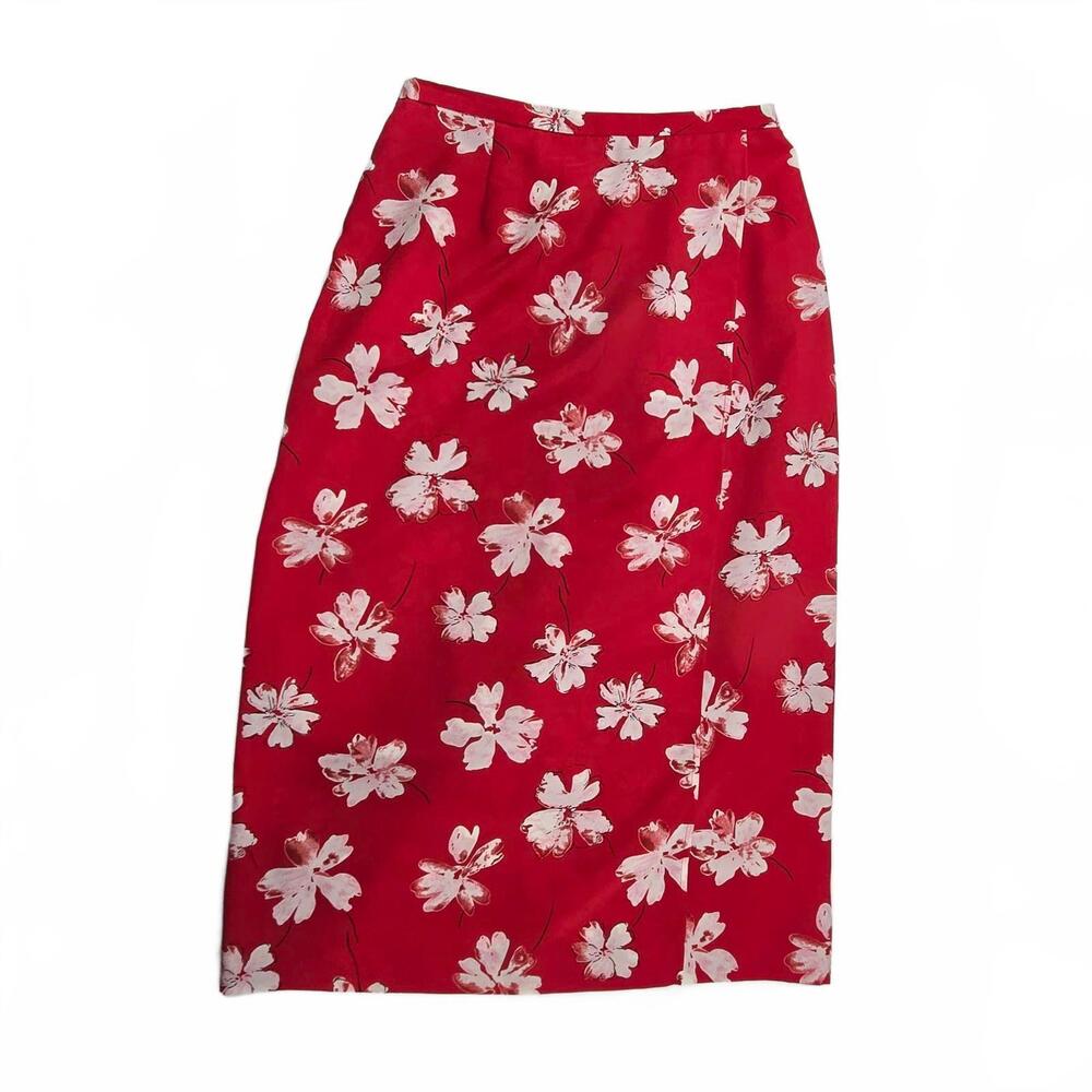 Vintage Leslie Fay Red White Floral Print Maxi Skirt 90s Size 12 Petite